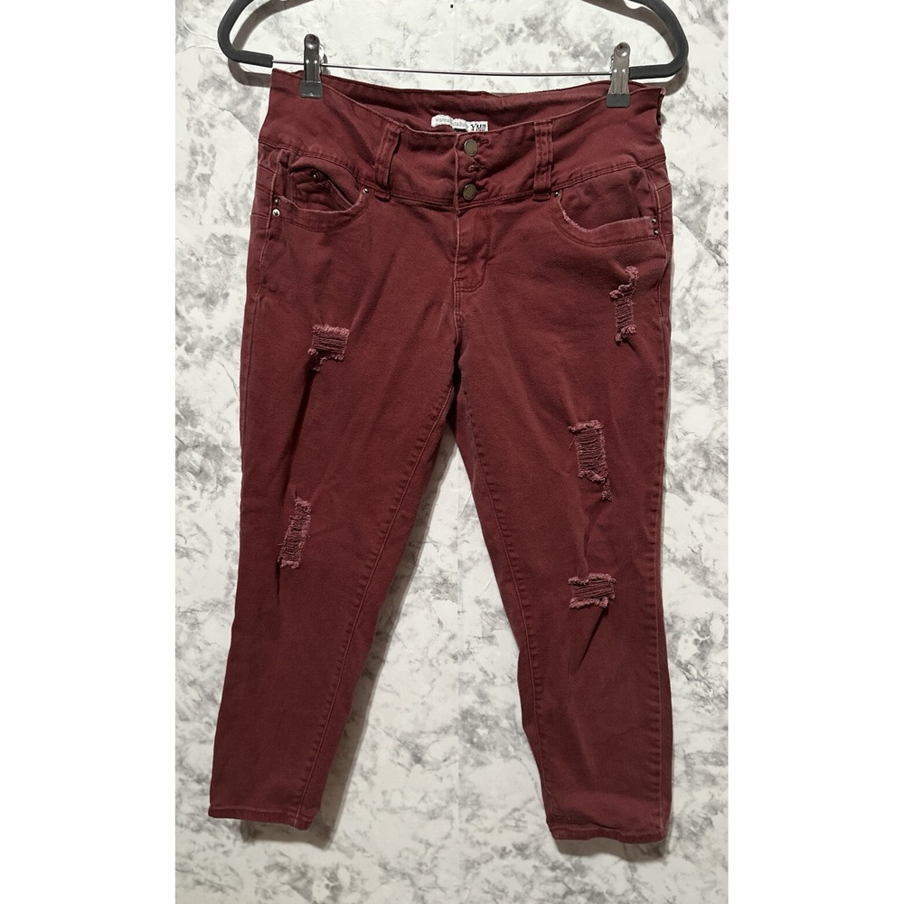YMI WannaBettaButt Burgundy Distressed Cropped Low Rise Skinny Jeans Size 13